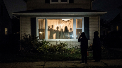 Figures projected on a window seen from the street at night